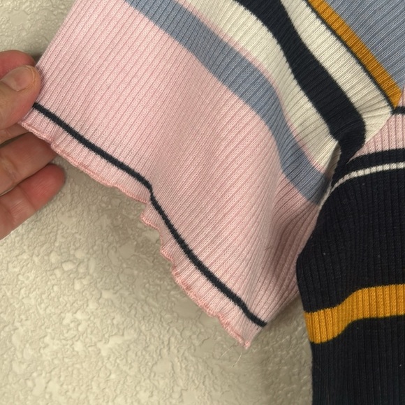 Dorothy Perkins Casual Ribbed Striped Lettuce Hem Short Sleeve Top Size 16 - Picture 2 of 6